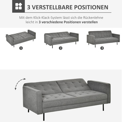 HOMCOM Schlafsofa 3-Sitzer Schlafcouch Stoffsofa Sofa mit Schlaffunktion Bettsofa mit verstellbarem Winkel Vintage Eukalyptusholz Baumwolle Grau