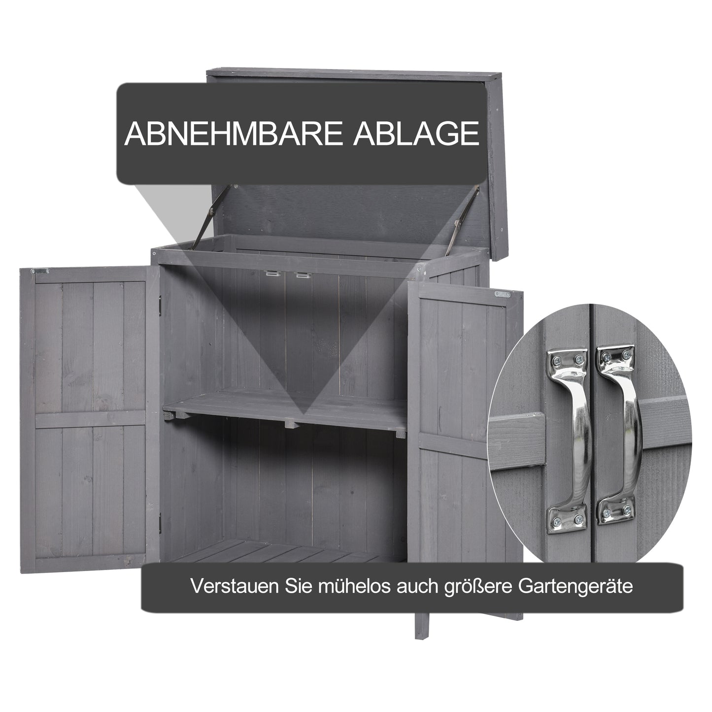 Outsunny Geräteschrank, Doppeltür, Klappdeckel, 2 Regalfächer, wetterfest, Naturholz, grau, 74 x 43 x 88cm