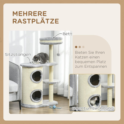 PawHut Kratzbaum für Katzen, Sisal-Seilpfosten, weicher Plüsch, mehrstufig, Ballspielzeug, Grau, 59x35x100 cm
