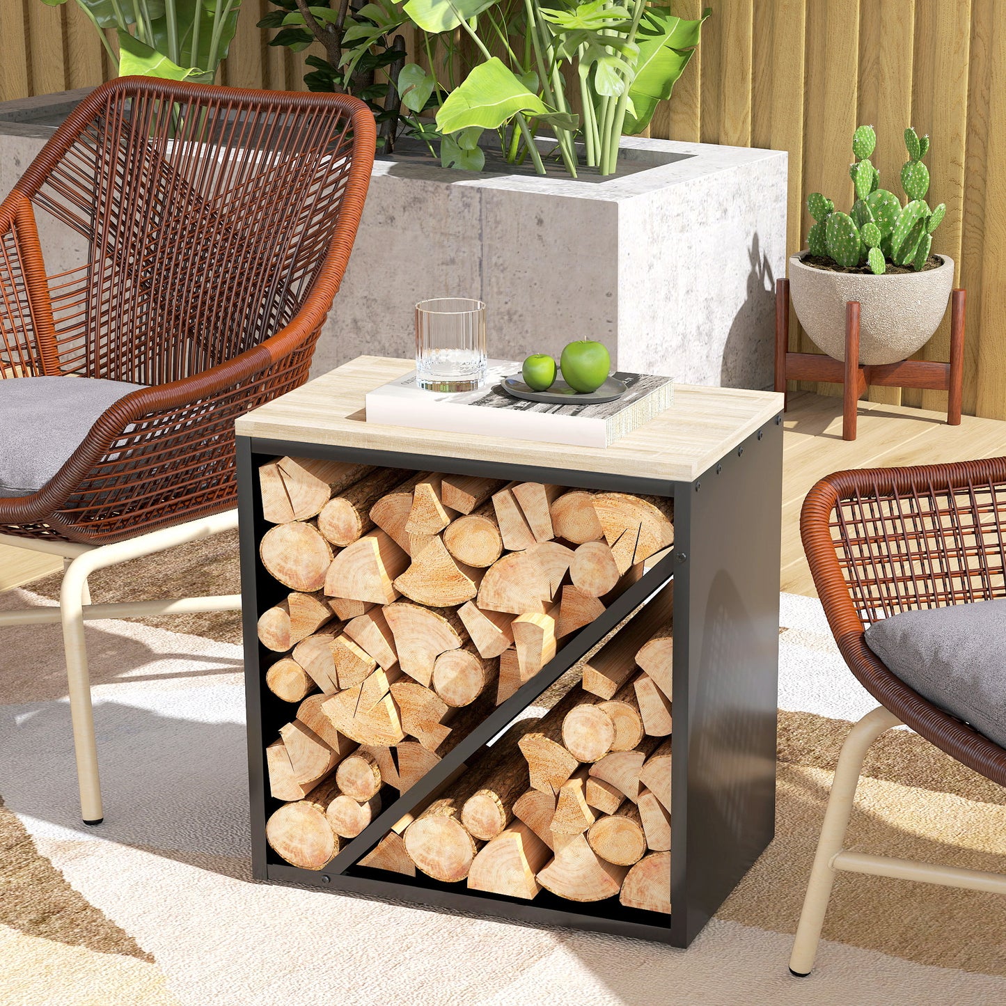 Outsunny 2-in-1 Kaminholzregal für innen 58 x 36 x 60cm erhöhtes Brennholzregal mit Trenner Metall Schwarz