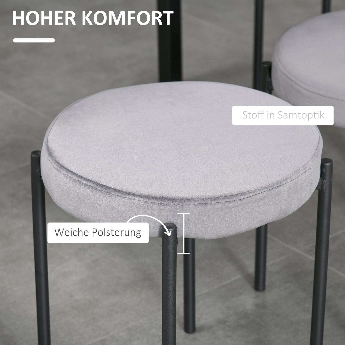 HOMCOM 4er-Set Esszimmerhocker Stapelbar Esszimmerstühle Küchenstuhl mit gepolstertem Sitz, Samtoptik Sitzhocker Samt für Küche Esszimmer Metall Grau 41,5 x 41,5 x 46 cm