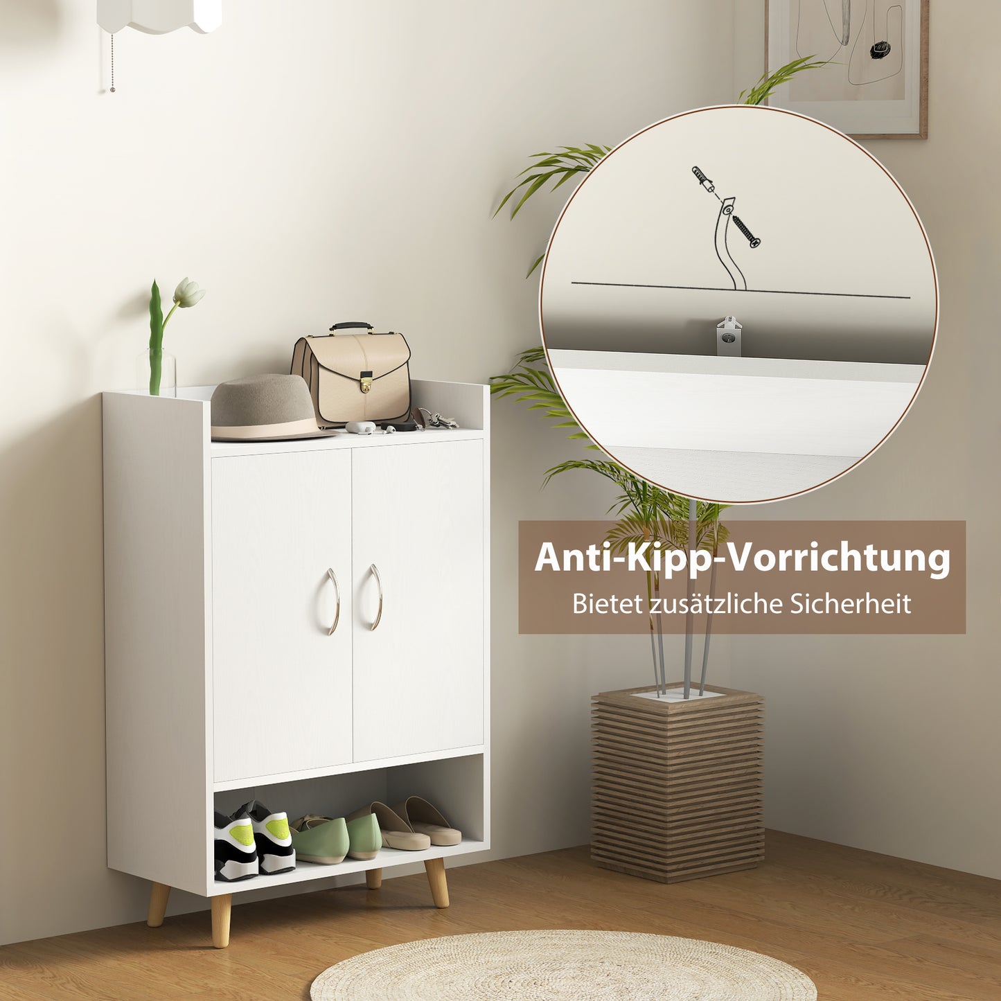 HOMCOM Schuhschrank, Schuhregal mit Türen und Regalen, für Flur, moderne Schuhkommode, Schuhablagen, 60 x 30 x 92 cm, Weiß