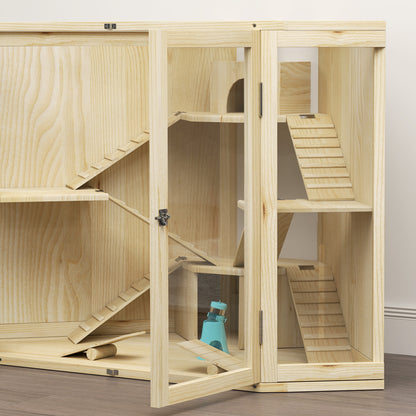 PawHut Hamsterkäfig, 4-Ebenen-Design, mit Fütterungsstation, Wippe, Rampe, Hütten, 115 x 69,5 x 79 cm, Holz