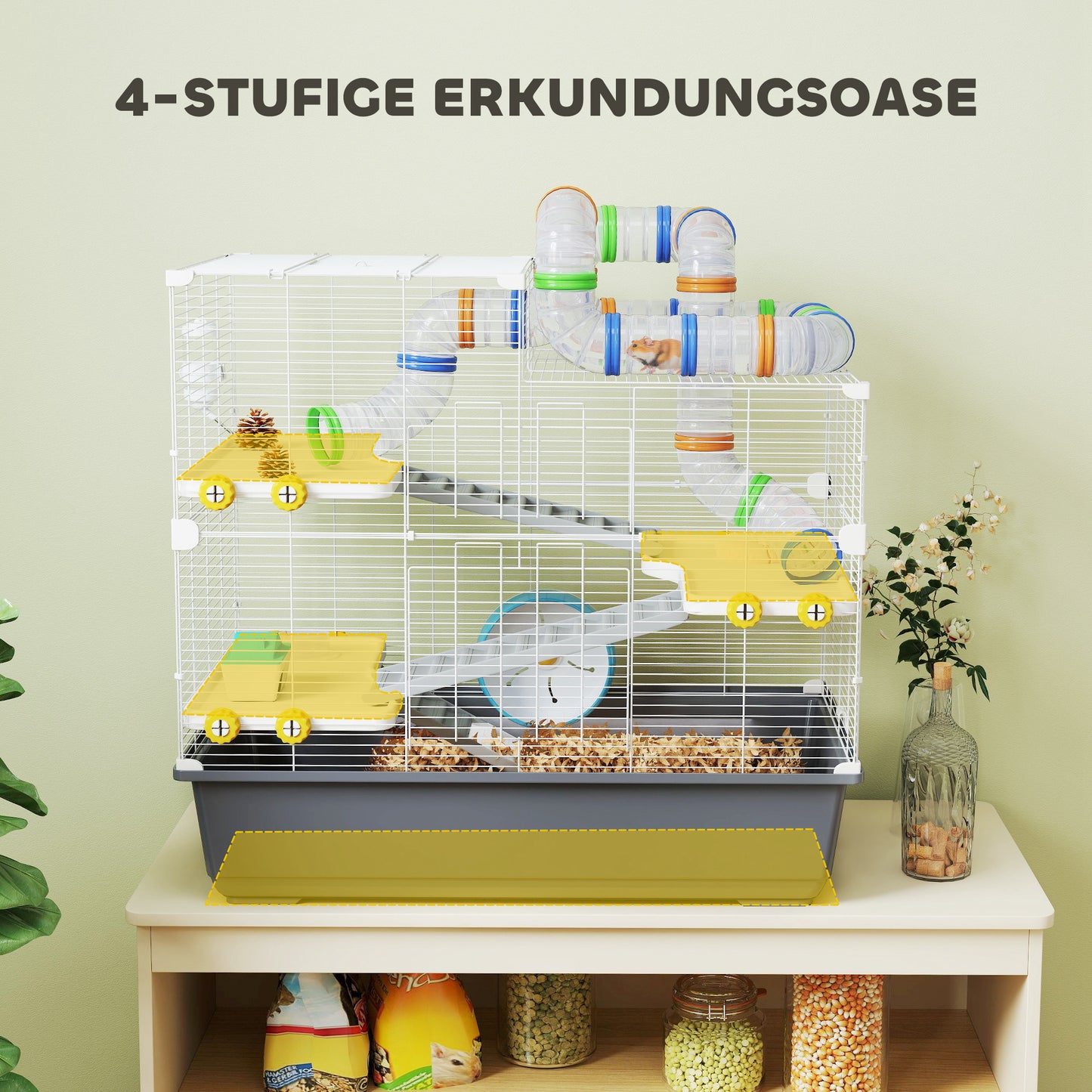 PawHut Zwerghamsterkäfig, 4 Ebenen, Tunnelsystem, Hütte, Zubehör, obere Öffnung, 78 x 45 x 73 cm, Grau
