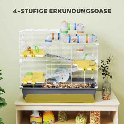 PawHut Zwerghamsterkäfig, 4 Ebenen, Tunnelsystem, Hütte, Zubehör, obere Öffnung, 78 x 45 x 73 cm, Grau