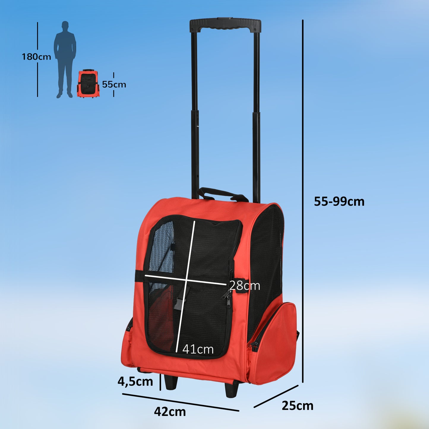 Pawhut Hundetransporttasche, Haustierrucksack, 2-in-1-Design, ausziehbarer Griff, Seitentaschen, Rot, 42 x 25 x 55cm