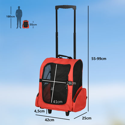 Pawhut Hundetransporttasche, Haustierrucksack, 2-in-1-Design, ausziehbarer Griff, Seitentaschen, Rot, 42 x 25 x 55cm