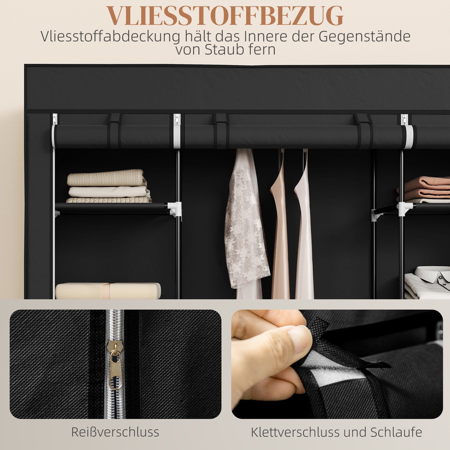 HOMCOM Stoffschrank aus Vlies, Faltschrank, 1 Kleiderstange, 9 Regale, 150 cm x 43 cm x 162,5 cm, Schwarz