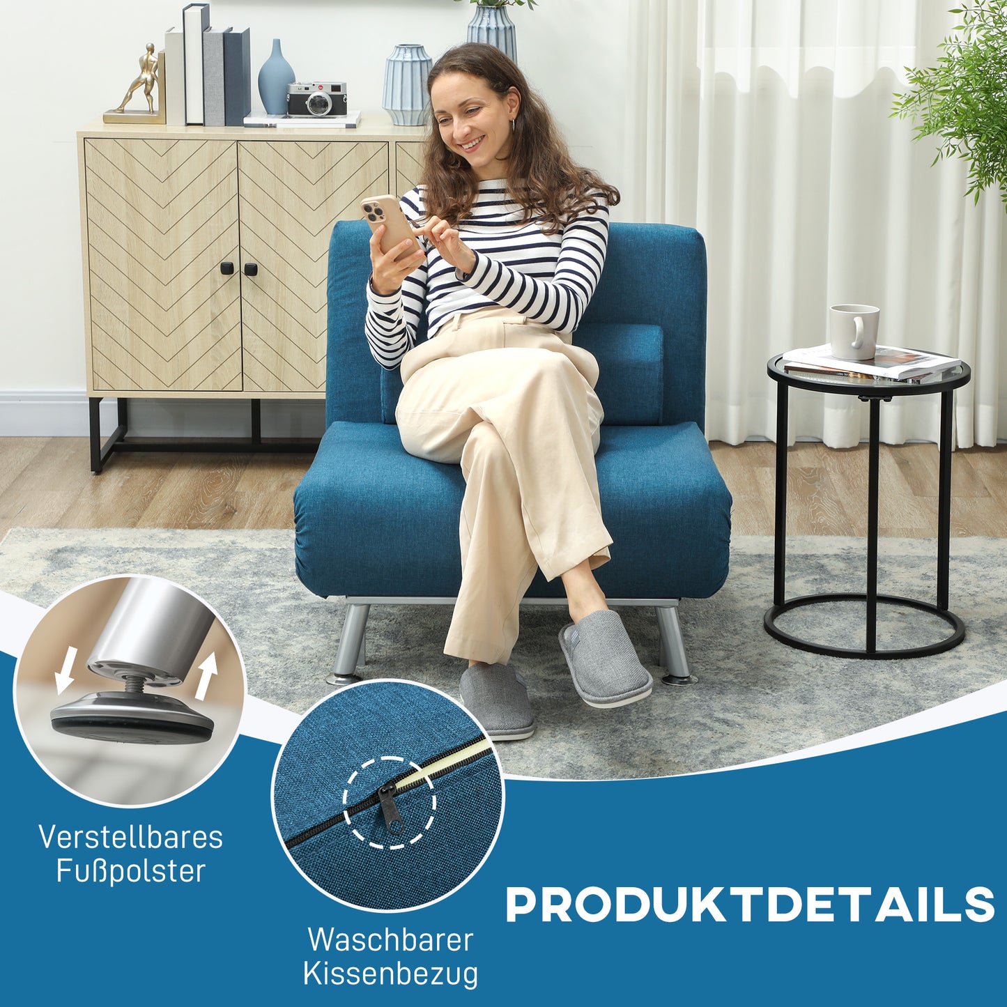 HOMCOM Klappsessel mit Bettfunktion, klappbarer Relaxsessel in Leinenoptik, Verstellbare Rückenlehne, 75 x 70 x 75 cm, Blau