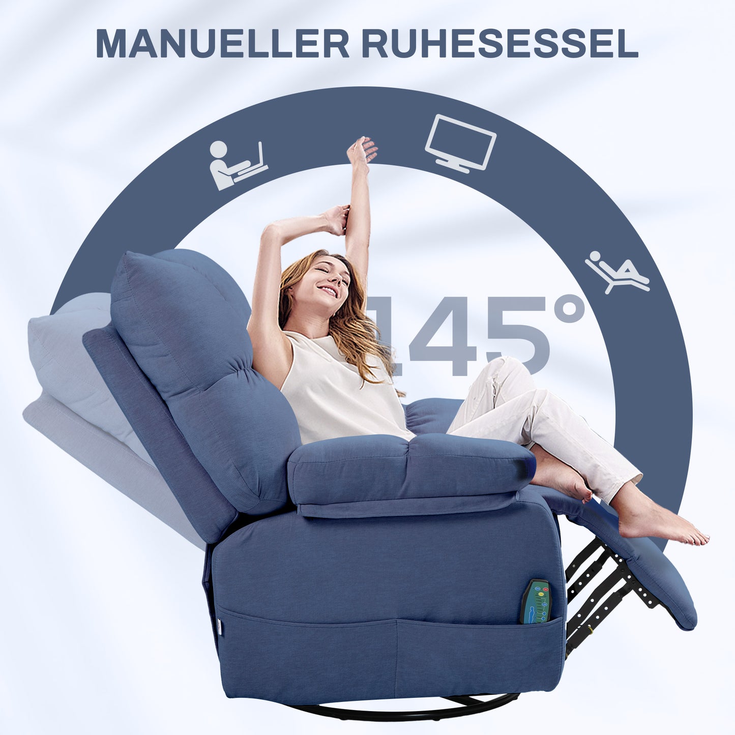 HOMCOM Massagesessel mit Wärme- & Liegefunktion, drehbar, bis 150 kg, Metallgestell, 98x90x98cm, Blau