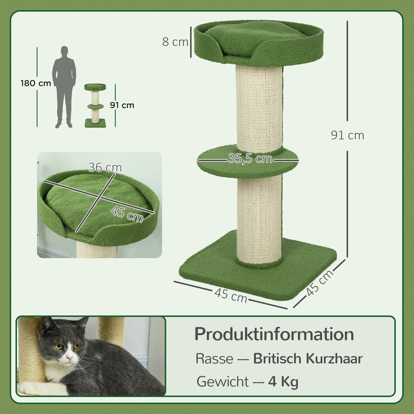 PawHut Katzenbaum 91cm Spielbaum mit Katzenbett, Plattform Lammwolle Grün