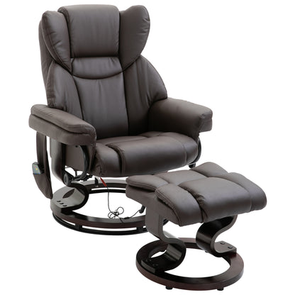 HOMCOM Relaxsessel mit Hocker, 360°drehbarer Fernsehsessel mit Massage, Liegefunktion, Massagesessel mit Seitentasche, Liegesessel, Kunstleder für Wohnzimmer Braun