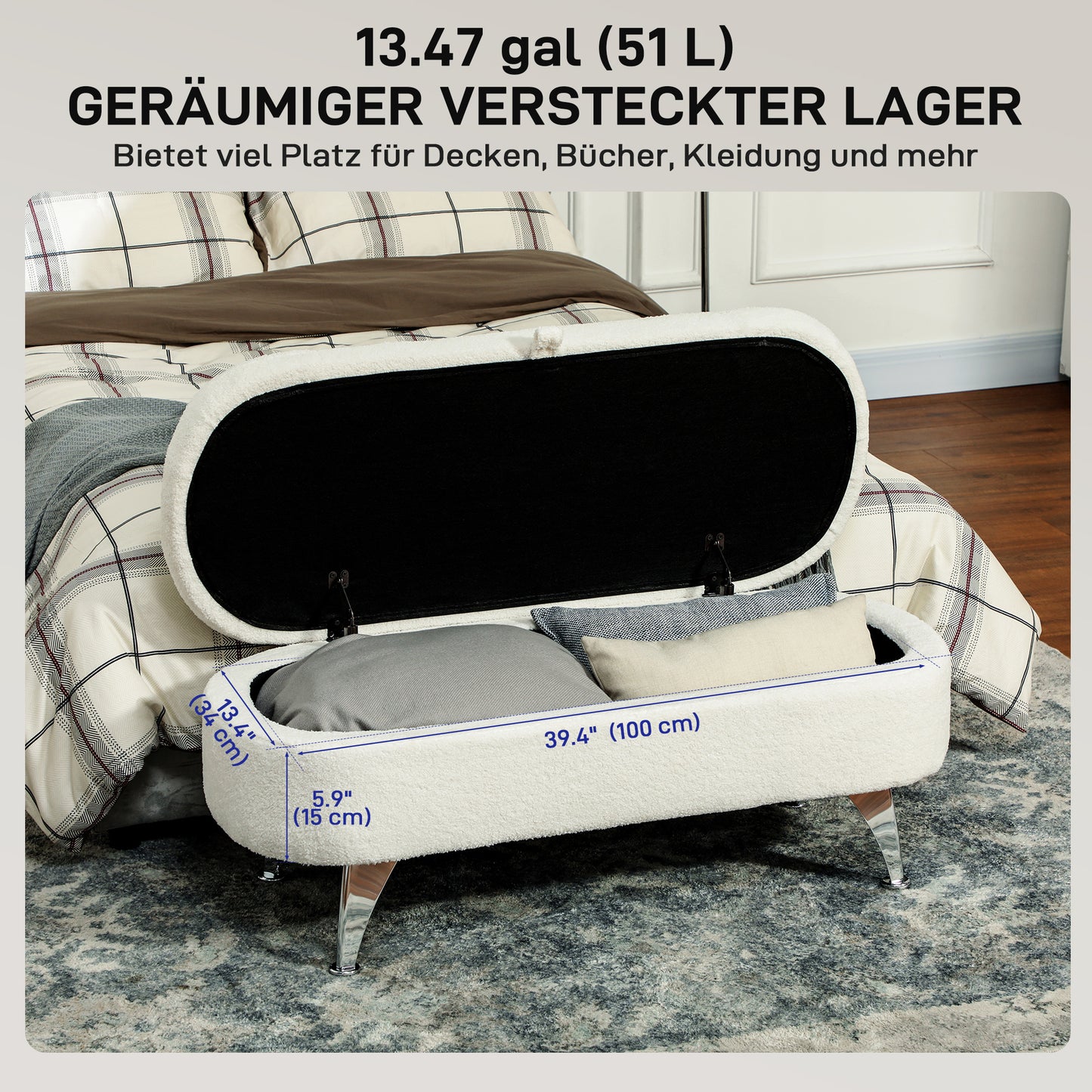 HOMCOM Sitzbank mit Stauraum, Deckel und Metallbeinen für Wohnzimmer, Schlafzimmer, Flur, Weiß