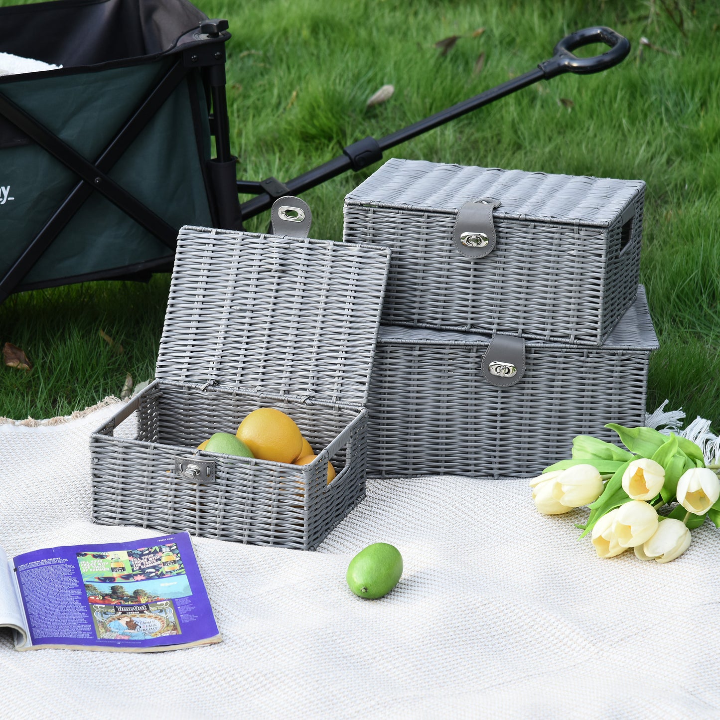 HOMCOM 3er-Set Aufbewahrungskörbe aus PE- Rattan, mit Verschluss, Tragegriffen, 35,5 cm x 28,5 cm x 18 cm, Grau