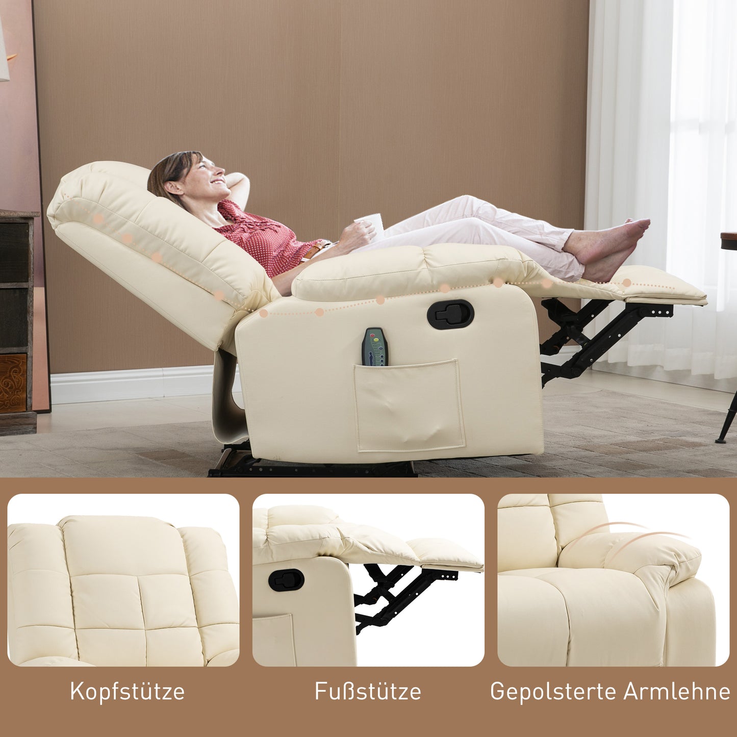 HOMCOM Massagesessel, Relaxsessel, 8 Vibrationspunkte, Liegefunktion, Kunstleder, cremeweiß, 94x99x99cm