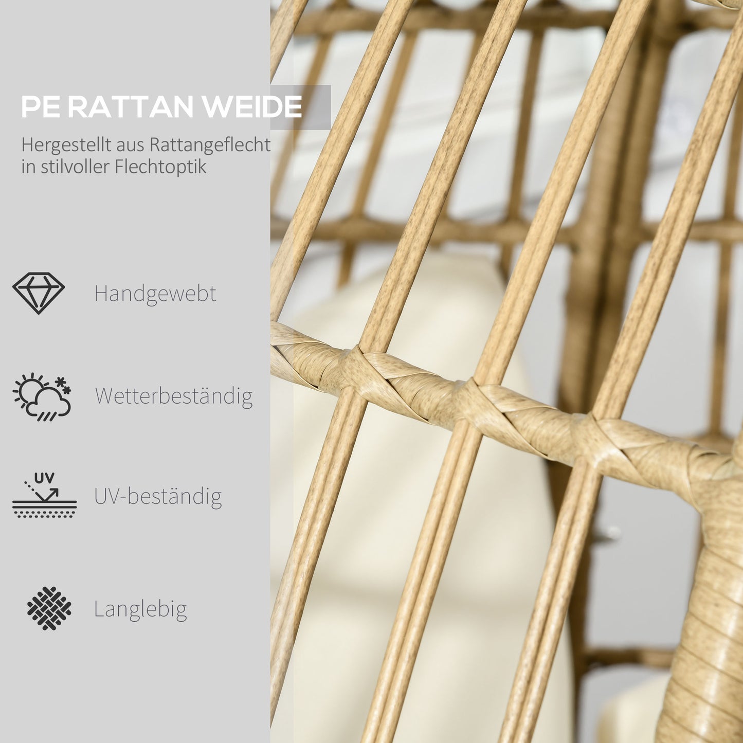 Outsunny Korbstuhl i Rattanoptik, weiche Sitzkissen, Aluminiumrahmen, khaki+beige, 105 x 90 x 148 cm