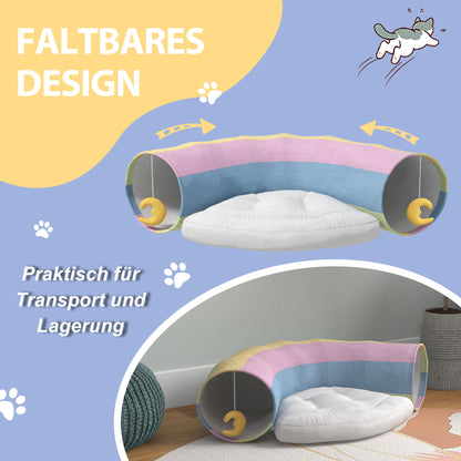 PawHut Katzentunnel Katzenspielzeug, 2 Spielzeuge, 1 Liegepolster, verspieltes Design, 105 cm x 65 cm x 28 cm, Mehrfarbig