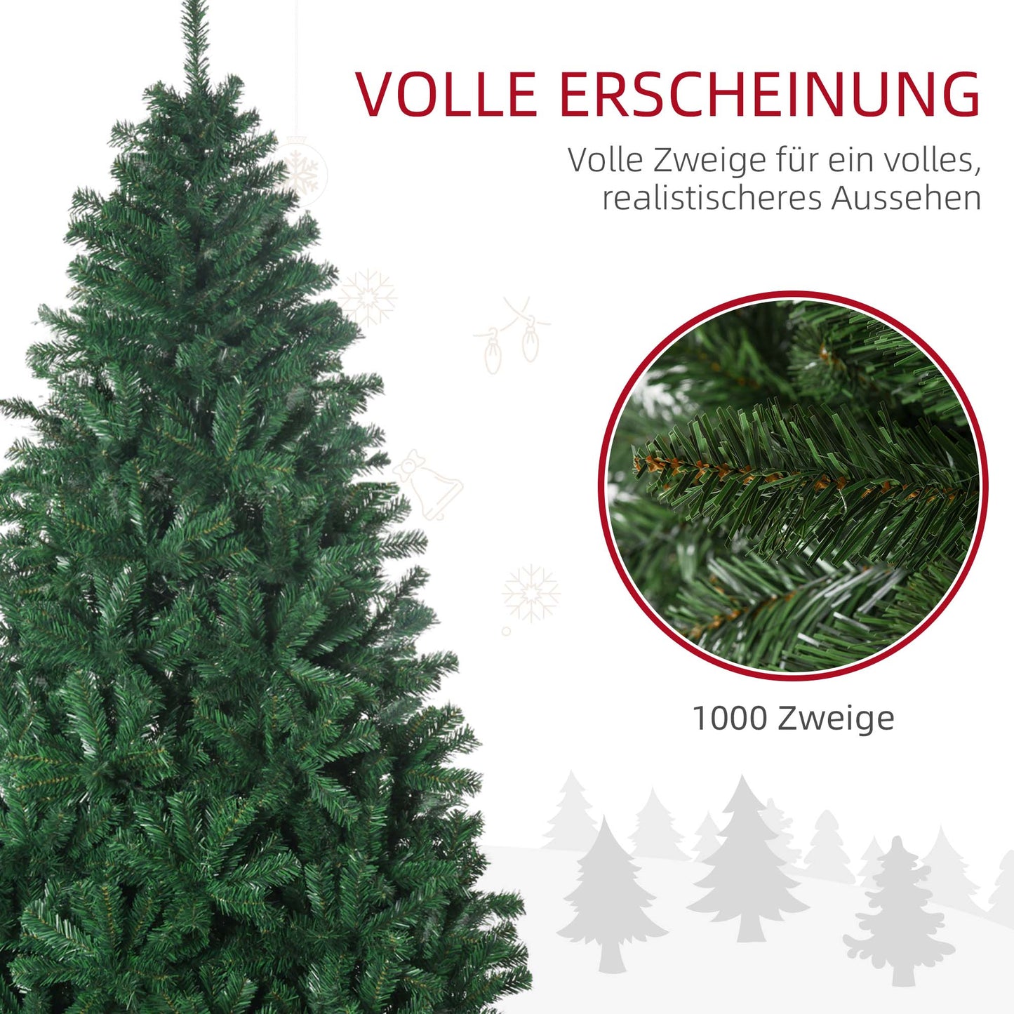 HOMCOM Künstlicher Weihnachtsbaum 180 cm künstlich Tannenbaum mit 1000 Spitzen Christbaum Weihnachtsdeko inkl. Metallständer für drinnen