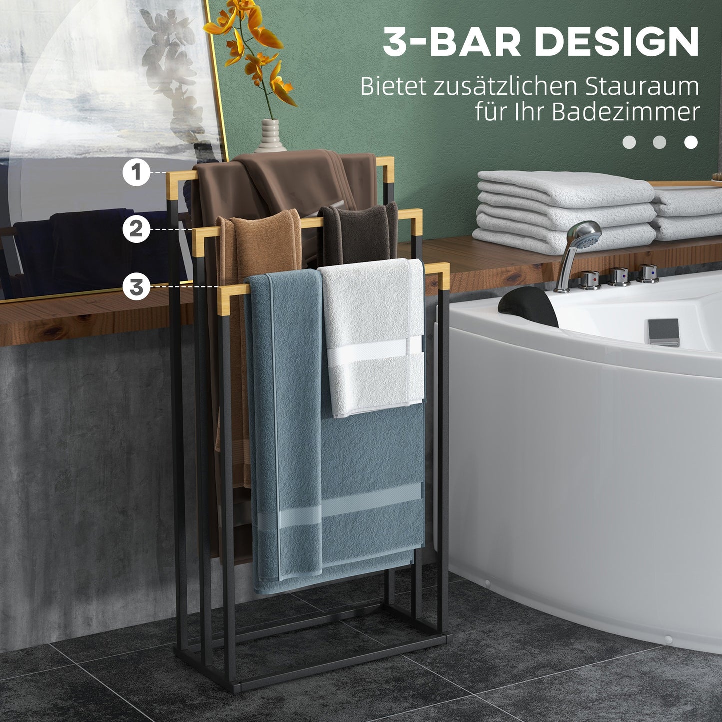 kleankin Handtuchhalter Handtuchalter-Set 3 Handtuchstangen, Industriedesign, Bambus, 45 x 22,5 x 86 cm, Schwarz + Natur