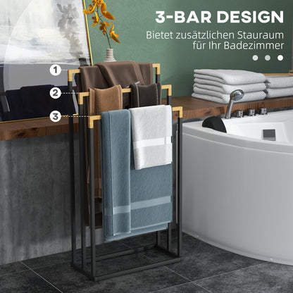 kleankin Handtuchhalter Handtuchalter-Set 3 Handtuchstangen, Industriedesign, Bambus, 45 x 22,5 x 86 cm, Schwarz + Natur