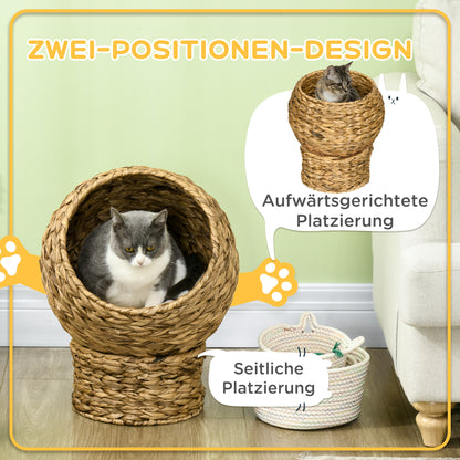 PawHut Rattan Katzenkorb Katzenhöhle Katzenhütte Katzenbett mit Kissen Haustierbett Wasserhyazinthe Braun 40 x 37 x 51 cm