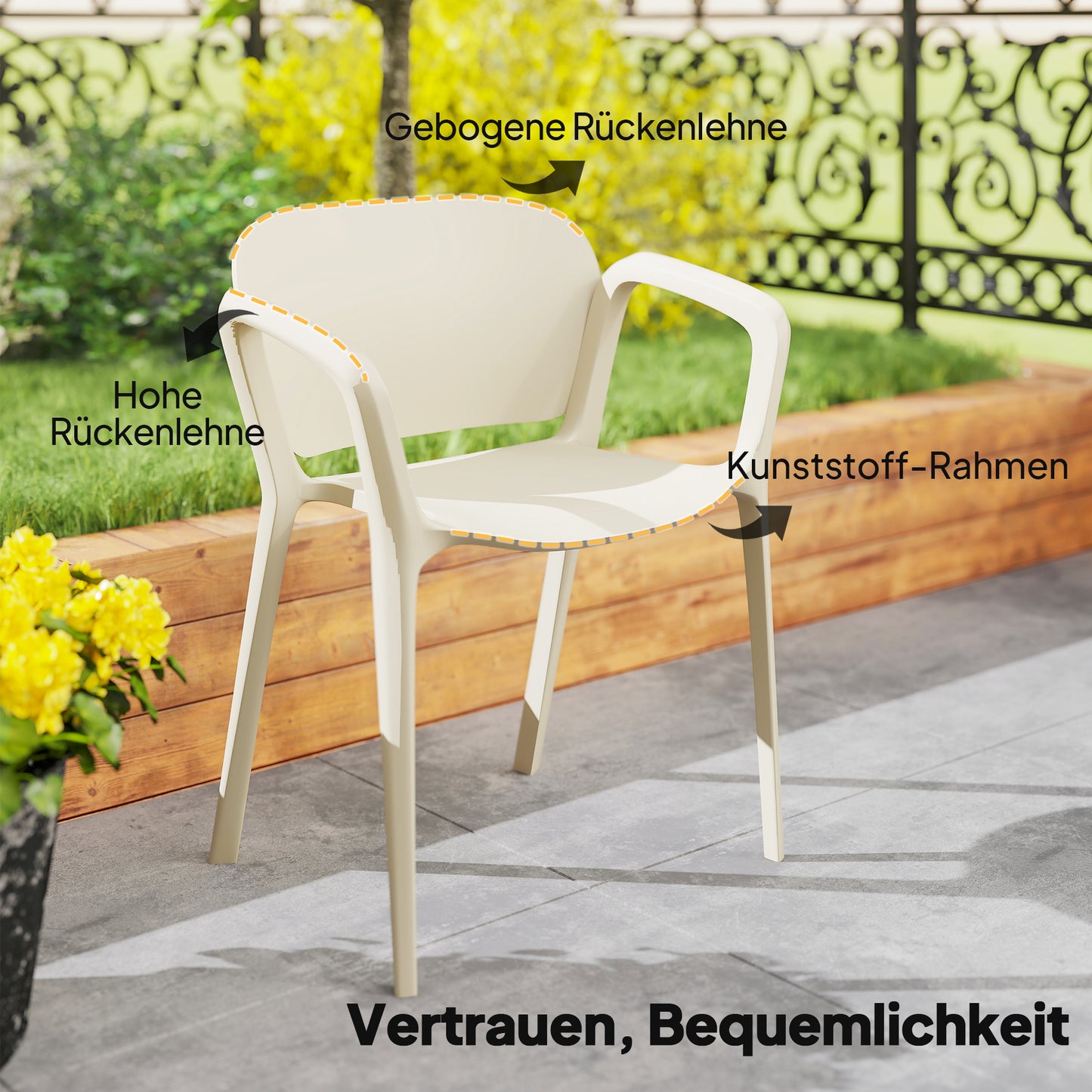 Outsunny Gartenstuhl 4er Set wetterfest Gartenstühle aus Kunststoff Stapelstuhl mit Armlehne Rückenlehne bis 120 kg belastbar