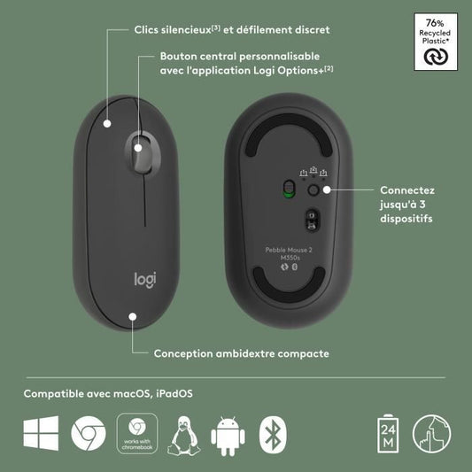 LOGITECH - Wireless mouse - Pebble Mouse 2 M350s - Graphite - (910-007015)