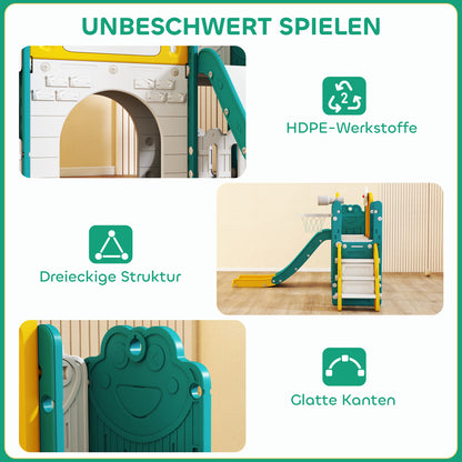 AIYAPLAY 7-in-1 Rutschenset für Kleinkinder, Basketballkorb, Froschdesign, Klettergerüst, Schaukelsitz, für drinnen und draußen, Gelb+Grün