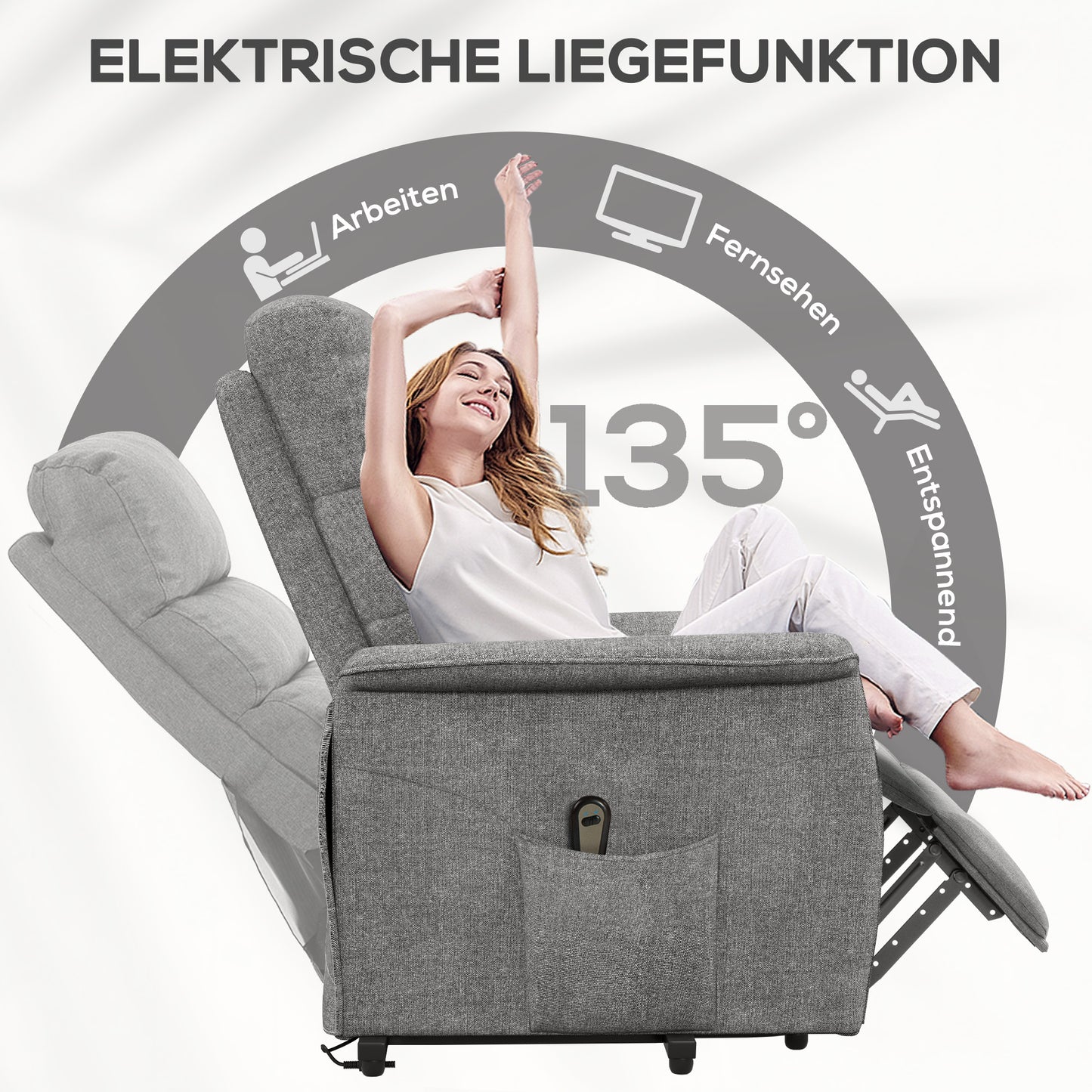 HOMCOM Relaxsessel mit Aufstehhilfe, verstellbare Rückenlehne/Fußstütze, bis 120 kg, 66 x 90 x 96 cm, Grau