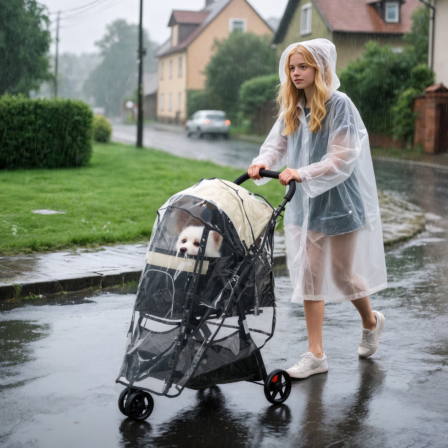 PawHut Haustierbuggy Hundebuggy, klappbar, mit Regenschutz, 2 Getränkehalter, Blau + Khaki