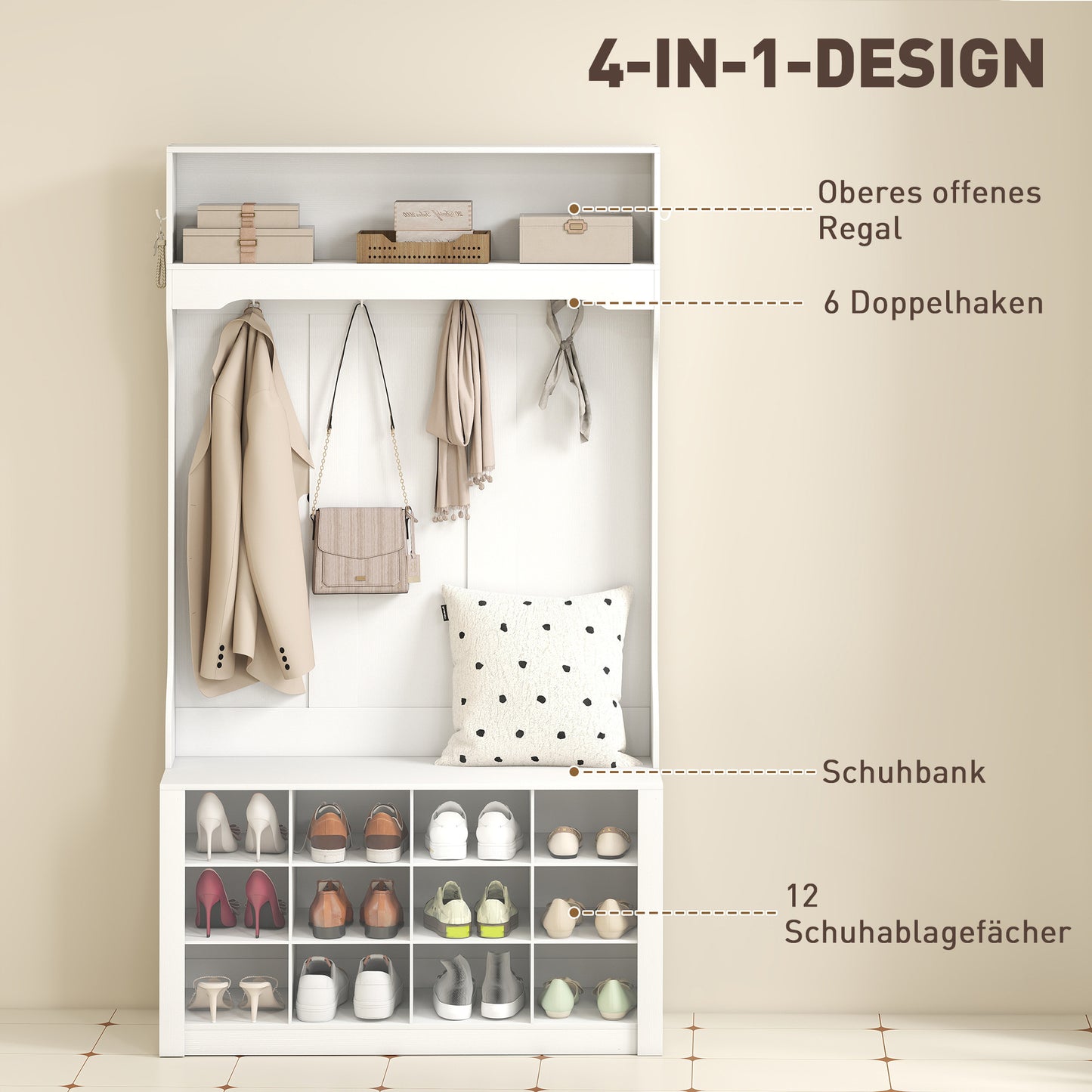 HOMCOM Garderobe mit Regal, Bank, Haken, Schuhfächern, Spanplatten, MDF, Weiß