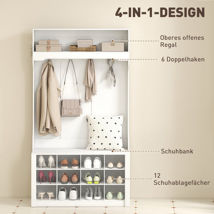 HOMCOM Garderobe mit Regal, Bank, Haken, Schuhfächern, Spanplatten, MDF, Weiß