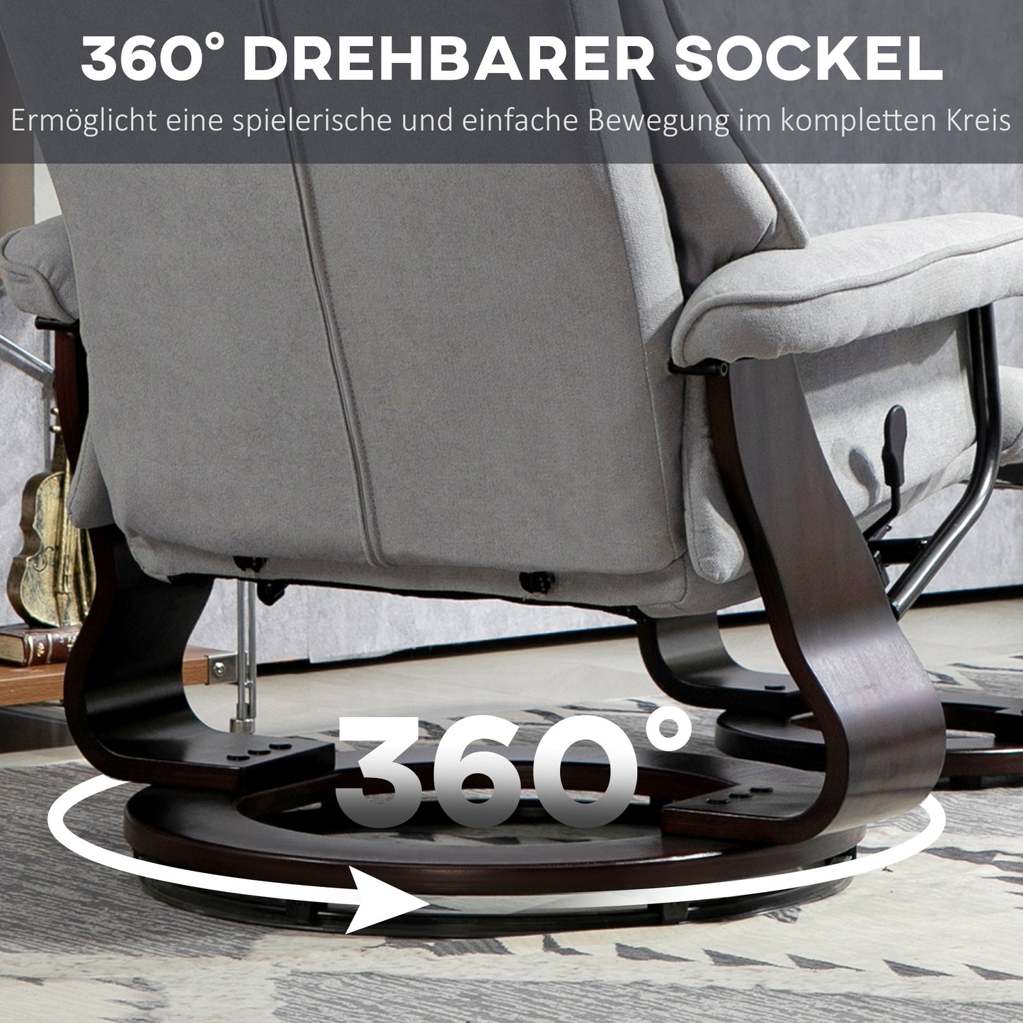 HOMCOM Relaxsessel mit Hocker, drehbar, Wippfunktion, verstellbare Rückenlehne, bis 150 kg, Grau