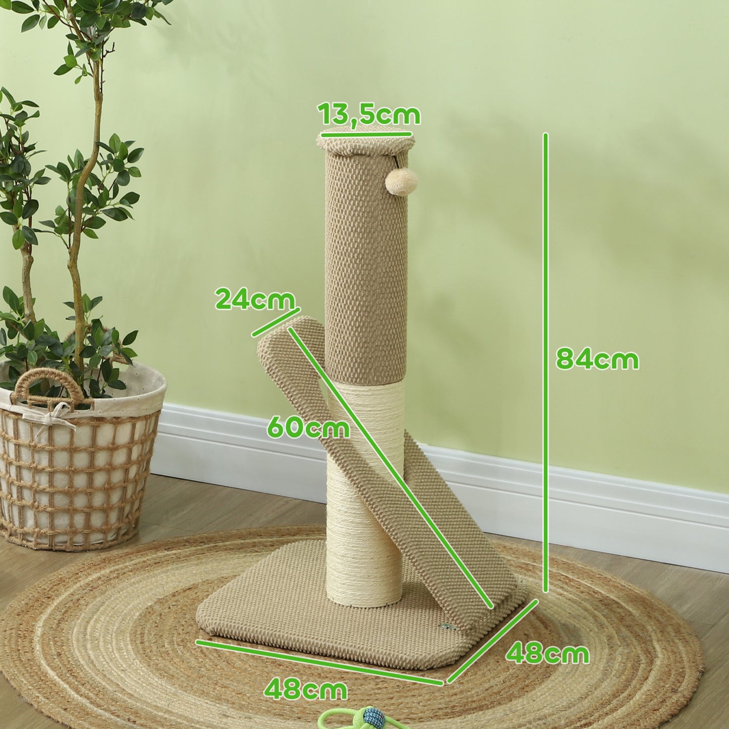 PawHut Kratzbaum für Katzen, mit Pad, Säule und Spielball, Teppich und Sisal, 84 cm, Hellbraun