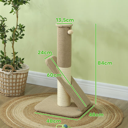 PawHut Kratzbaum für Katzen, mit Pad, Säule und Spielball, Teppich und Sisal, 84 cm, Hellbraun