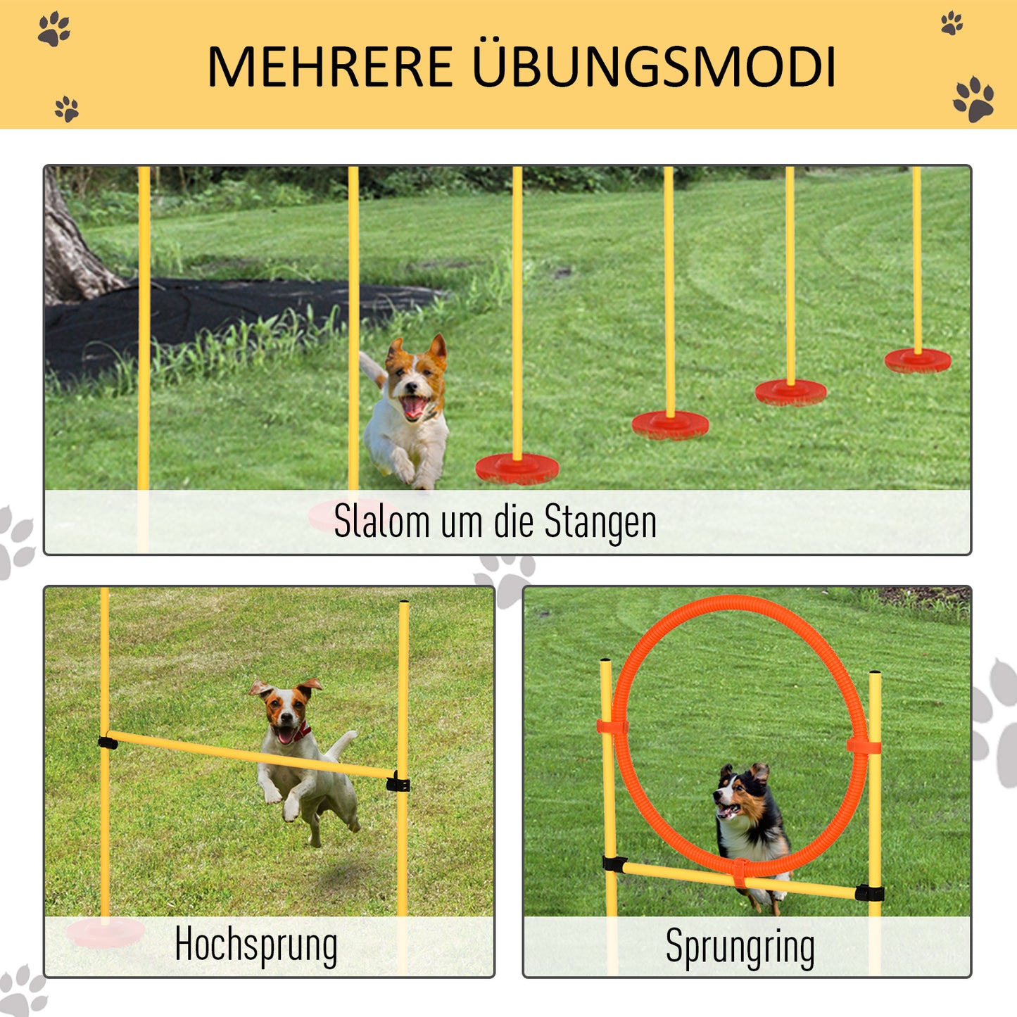 PawHut Agility Set Hunde 3-teiliges Agility-Ausrüstung für Hundetraining Steckhürdenset mit 6 Slalomstangen höhenverstellbar Hürden Sprungreifen Tragetasche Agilityset für Spiele Training