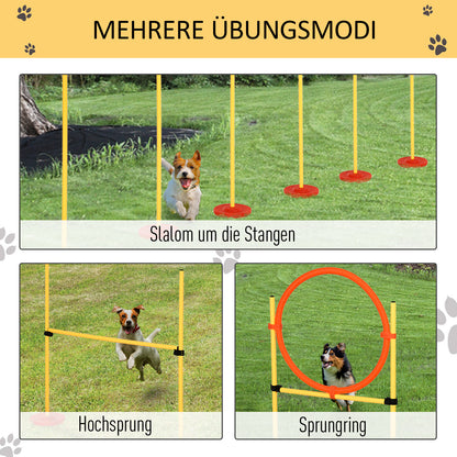 PawHut Agility Set Hunde 3-teiliges Agility-Ausrüstung für Hundetraining Steckhürdenset mit 6 Slalomstangen höhenverstellbar Hürden Sprungreifen Tragetasche Agilityset für Spiele Training