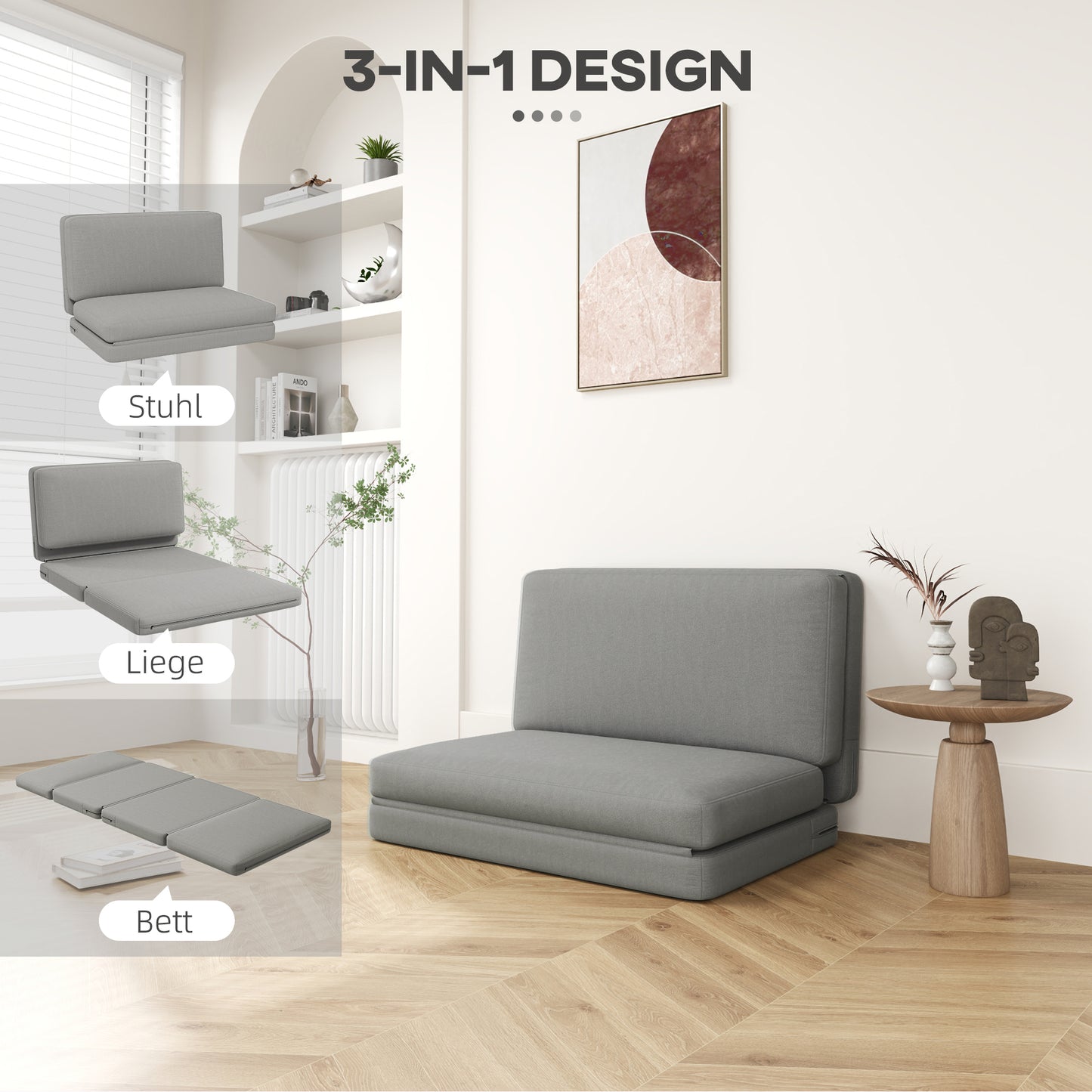 HOMCOM 2-in-1 faltbarer Relaxsessel, Gästematratze, teilbar, 120 cm breit, Hellgrau