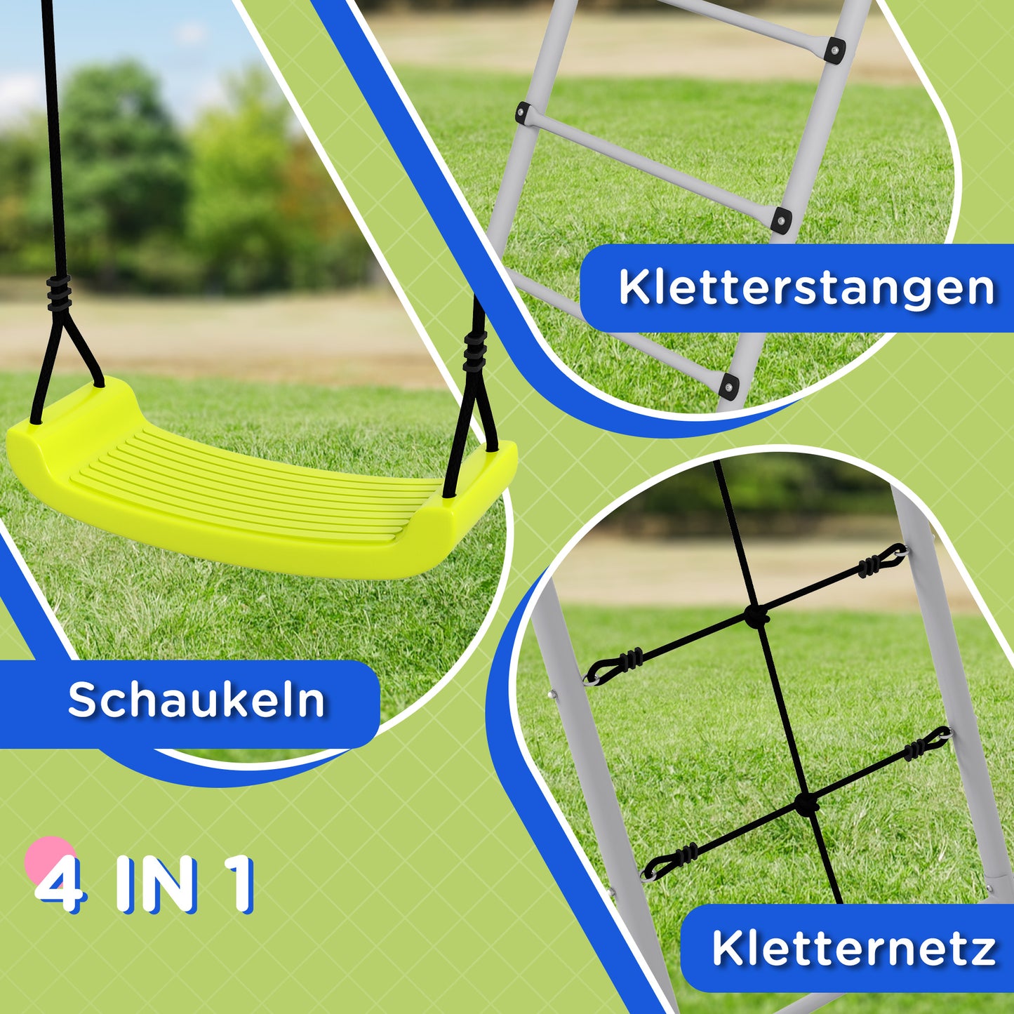 Outsunny Kinderschaukel-Set, mit Kletternetz und Sprossenleiter, für Kinder 3-8 Jahre, Stahlgestell, Grün