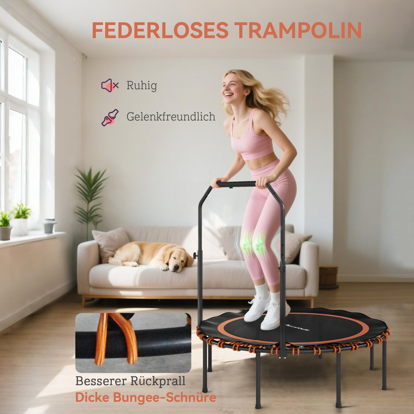 SPORTNOW Fitness-Trampolin mit verstellbarem Handlauf, Sport-Trampolin für drinnen und draußen, Stahl, Kunststoff, Orange