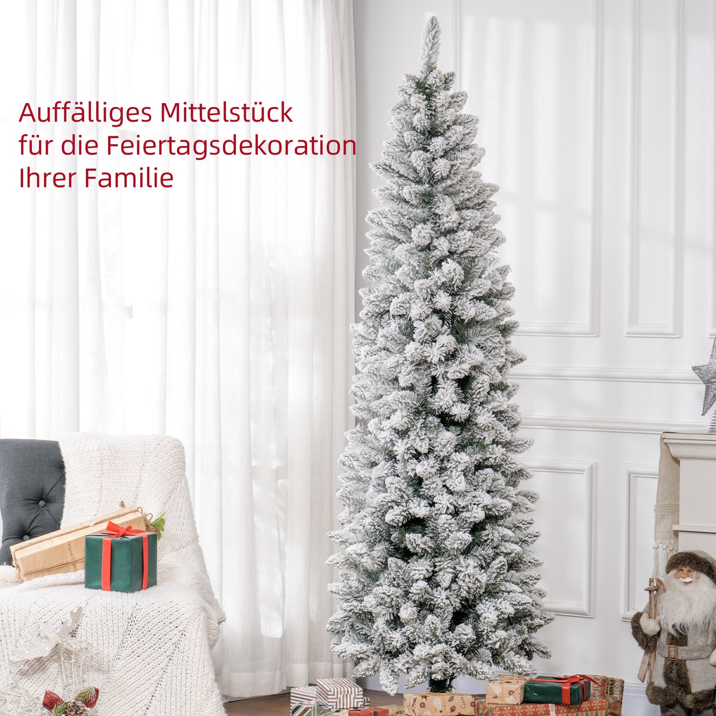 HOMCOM Künstlicher Weihnachtsbaum, flammenhemmend, mit Kunstschnee, schlank, Stahlfuß, 75 x 210 cm, Grün