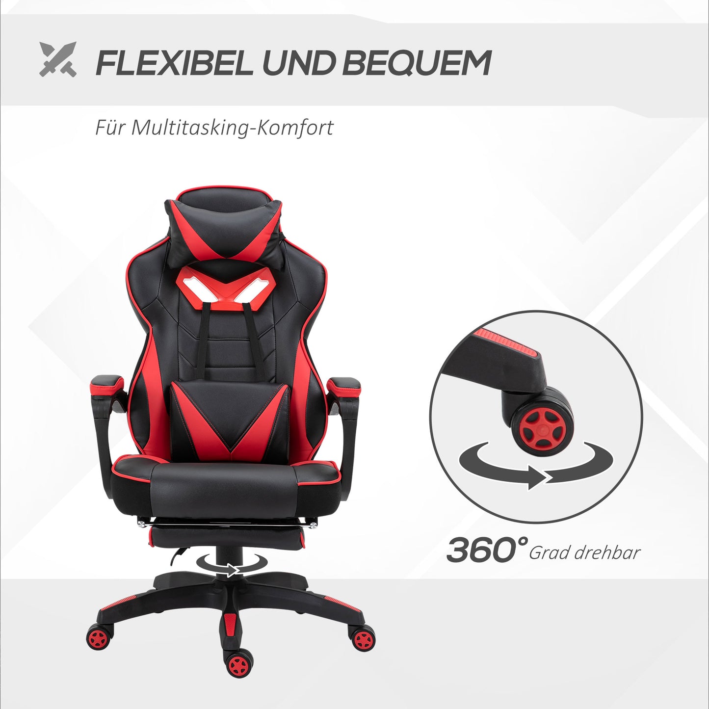 Vinsetto Ergonomischer Bürostuhl, Gaming Stuhl, Drehstuhl mit einziehbare Fußstütze und verstellbarer Rücken Schaumstoff+PU-Leder+Metall, Schwarz+Rot, 65 x 70 x 118,5-128,5 cm