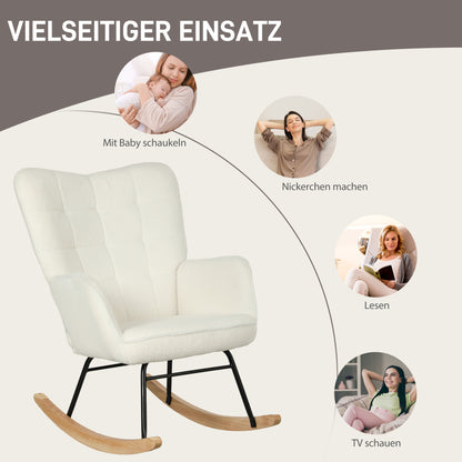 HOMCOM Schaukelstuhl in Vliesoptik mit Armlehnen, Ergonomischer Sessel mit Holzkufen, für Wohnzimmer, Schlafzimmer, Weiß