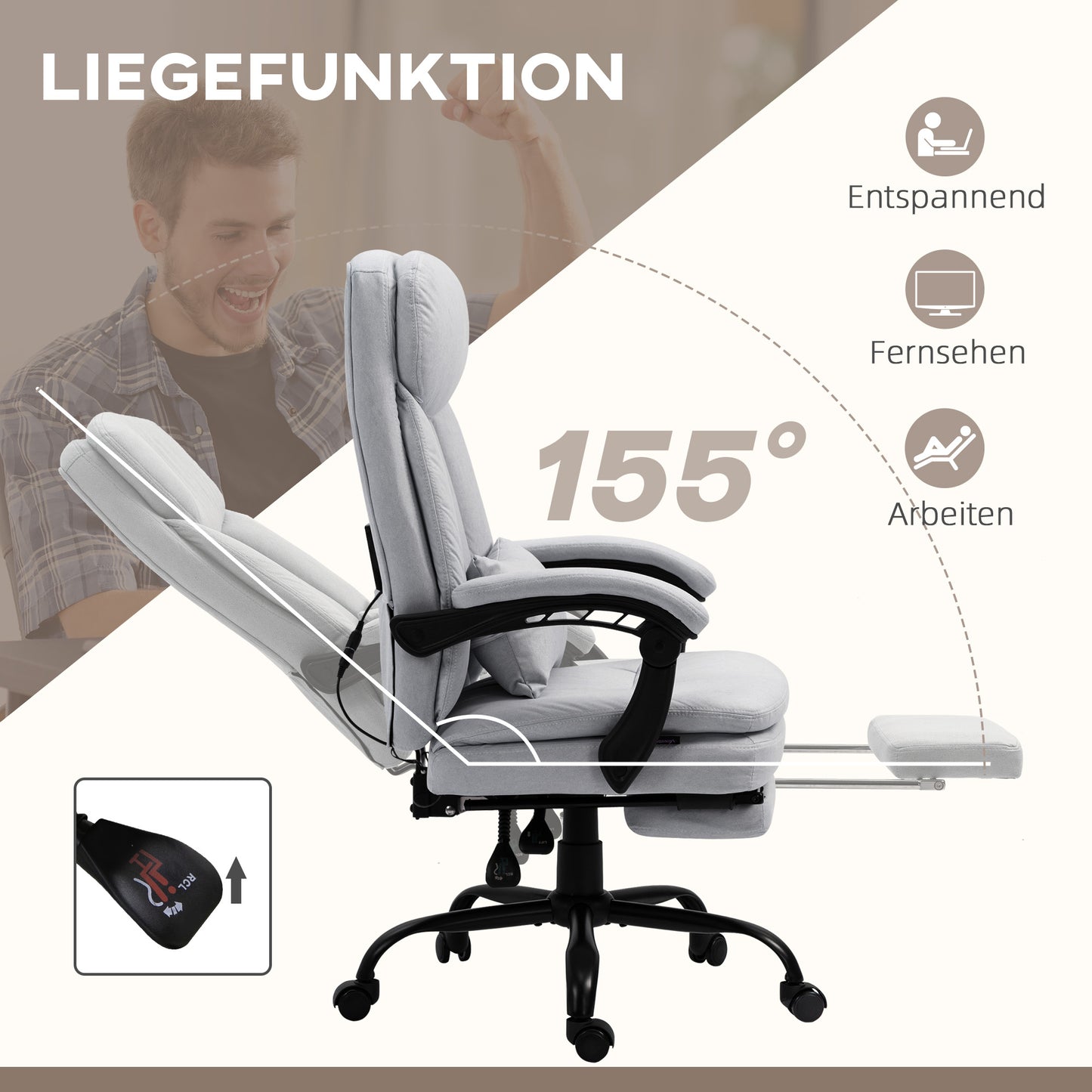 Vinsetto Bürostuhl mit Massage- & Heizfunktion, verstellbar, bis 120 kg, 66 x 67 x 110-118 cm Grau