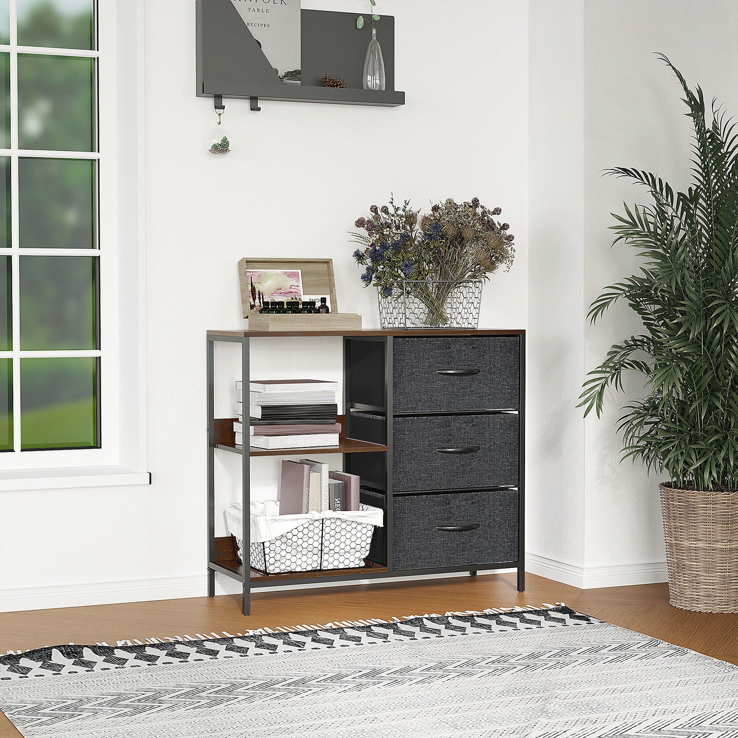 HOMCOM Aufbewahrungs-Kommode, 3 Stoffschubladen, Regale, Metallrahmen, Braun+Grau