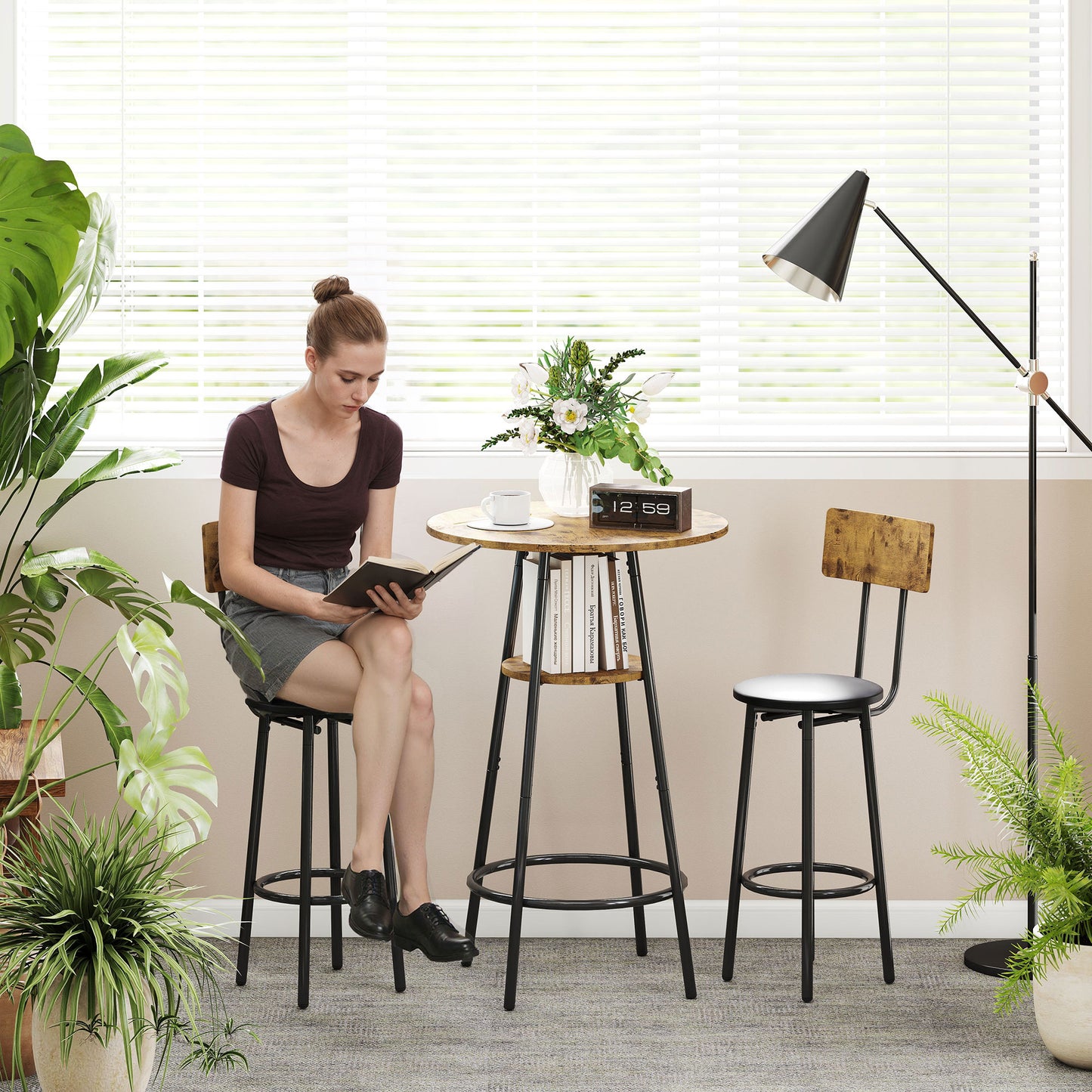 HOMCOM 3-teiliges Bartisch-Set mit 2 gepolsterten Hockern, Kunstleder-Bezug, Rückenlehne, Metallgestell, Braun