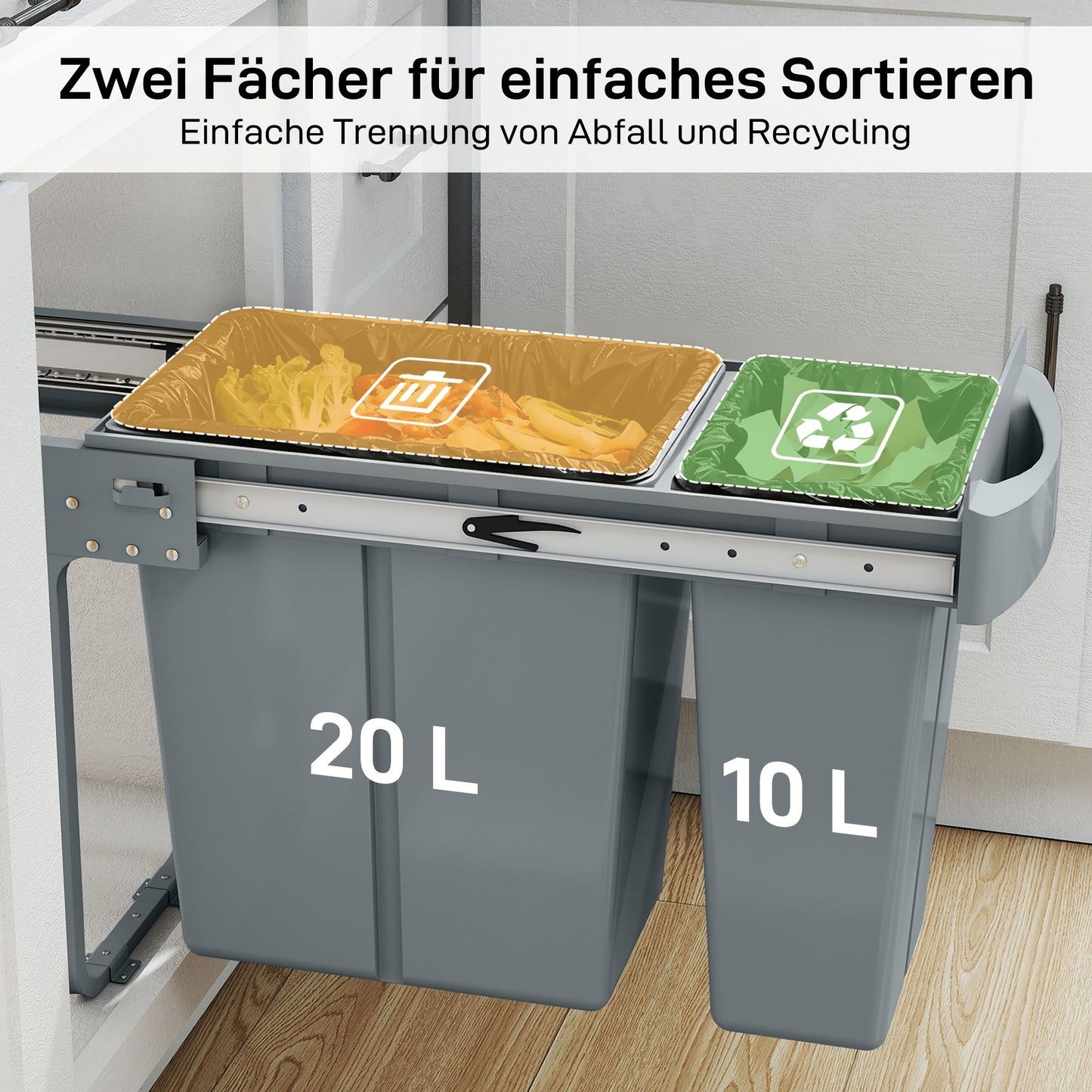 HOMCOM Ausziehbarer Mülleimer, Küchenmüllbehälter mit 2 herausnehmbaren Eimern, Griff, 30 Liter (20 L+10 L), Metall, Grau