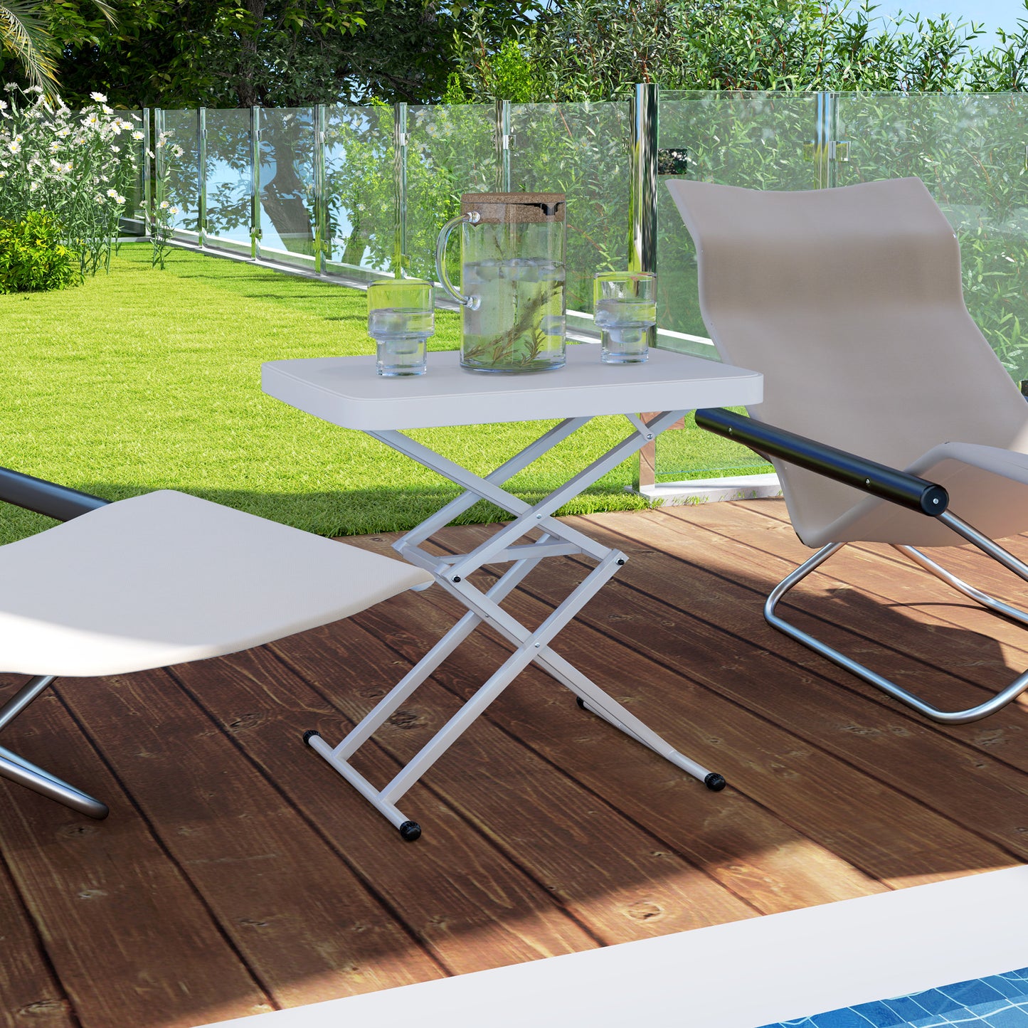 Outsunny Gartentisch, Tragbarer Tisch für den Außenbereich aus Kunststoff und Metall, Bistrotisch, für Terrasse, Garten, Weiß