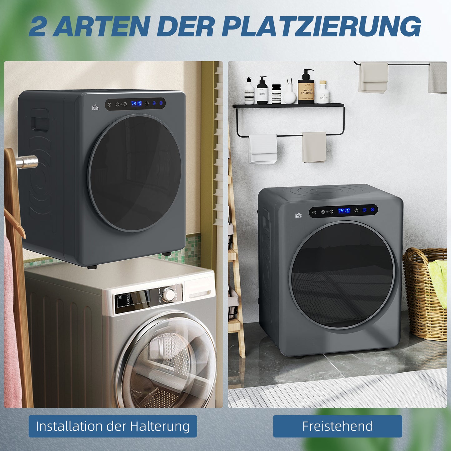 HOMCOM Wäschetrockner, 6 Programme, 40-60℃, 3 kg Kapazität, kompakt, Touch-Bedienung, Grau