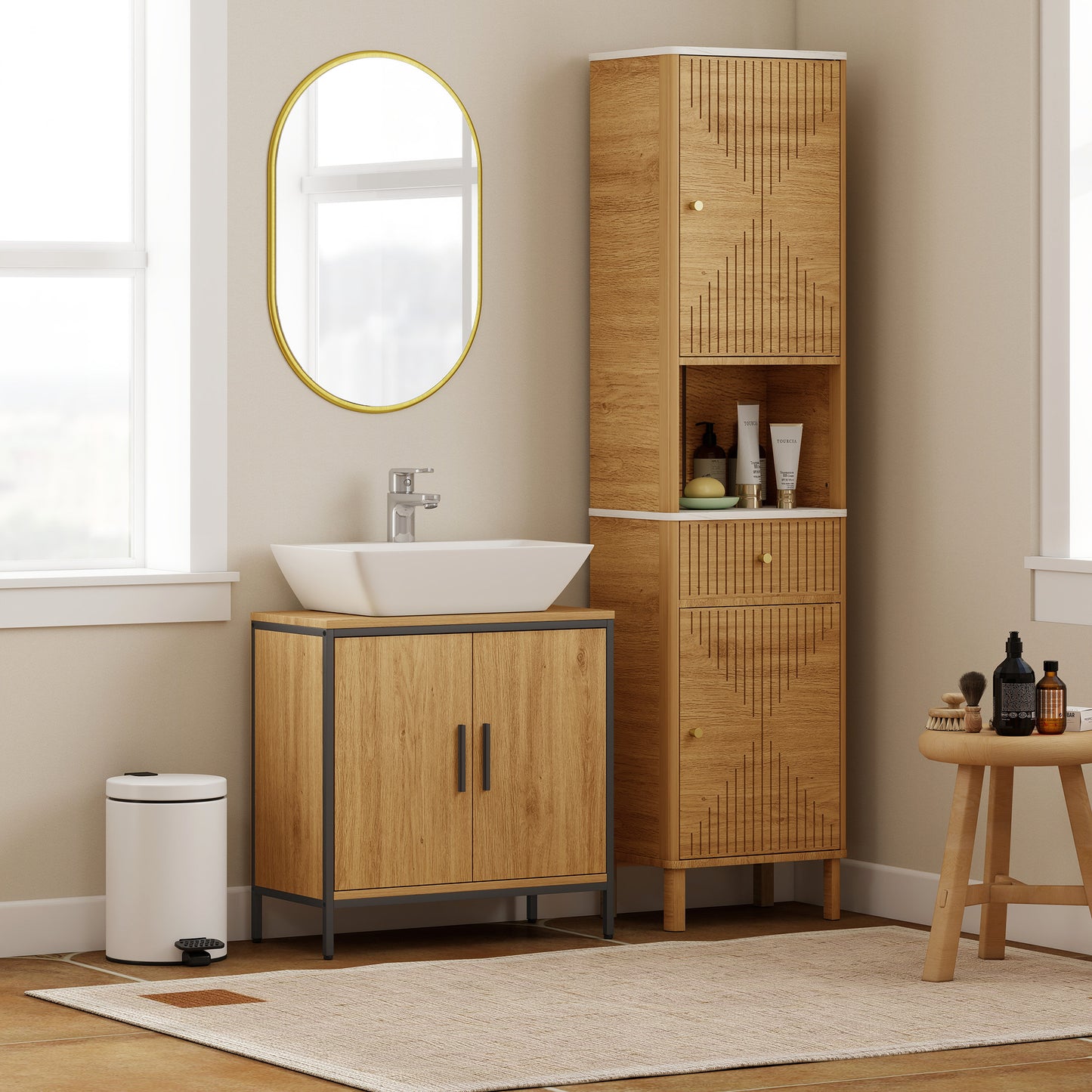 HOMCOM Waschbeckenunterschrank, Unterschrank mit 2 Türen, einstellbarem Regal, 60x30x60 cm Badezimmerschrank mit Stahlrahmen, für Waschbecken ohne Sockel, Eiche